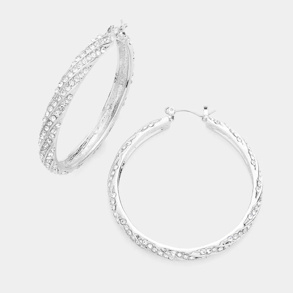 Lined CZ Rhinestone Hoop Pageant Earrings on Silver | 2.1"| Swimsuit Earrings |  602069