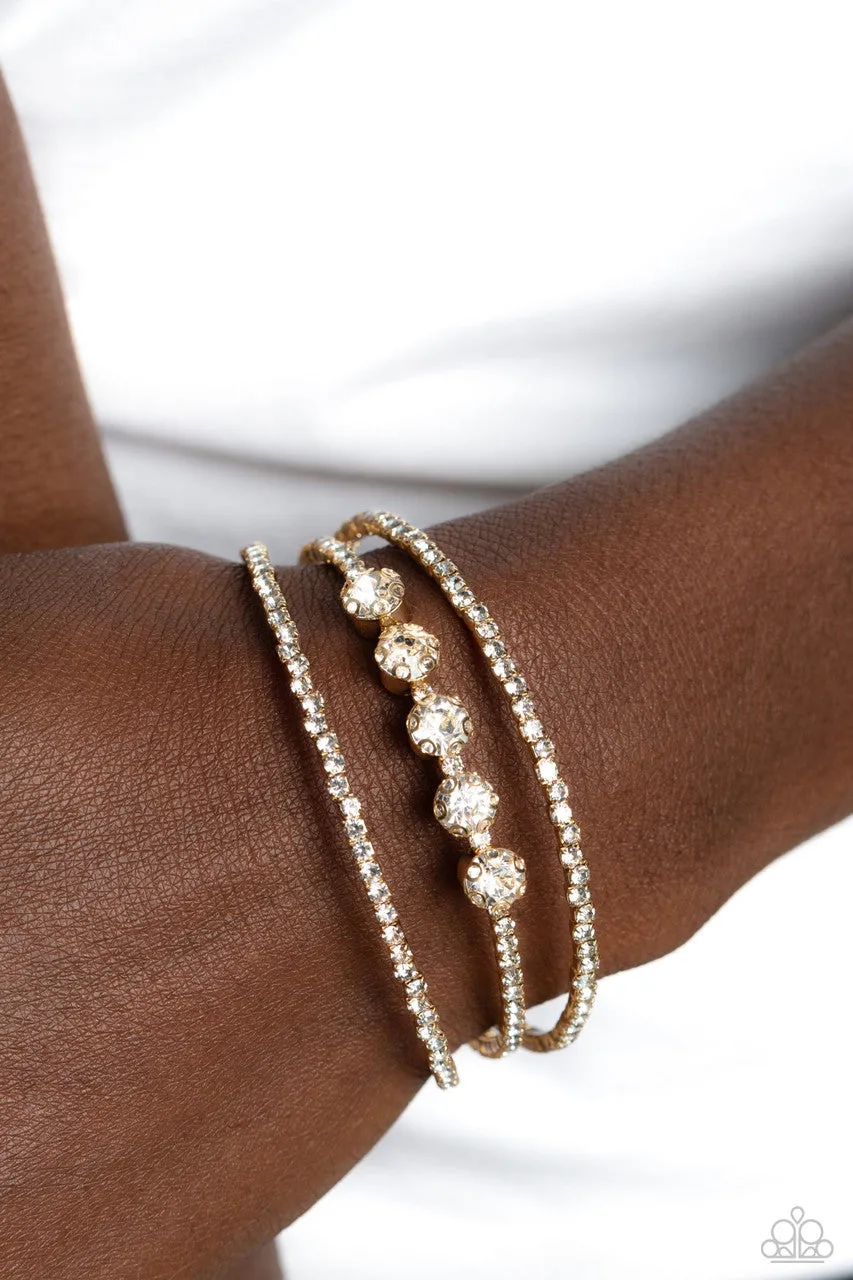 Lucid Layers - Gold - White Rhinestone Paparazzi Flex Cuff Bracelet