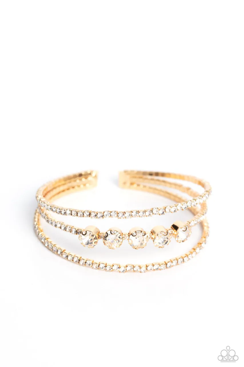 Lucid Layers - Gold - White Rhinestone Paparazzi Flex Cuff Bracelet