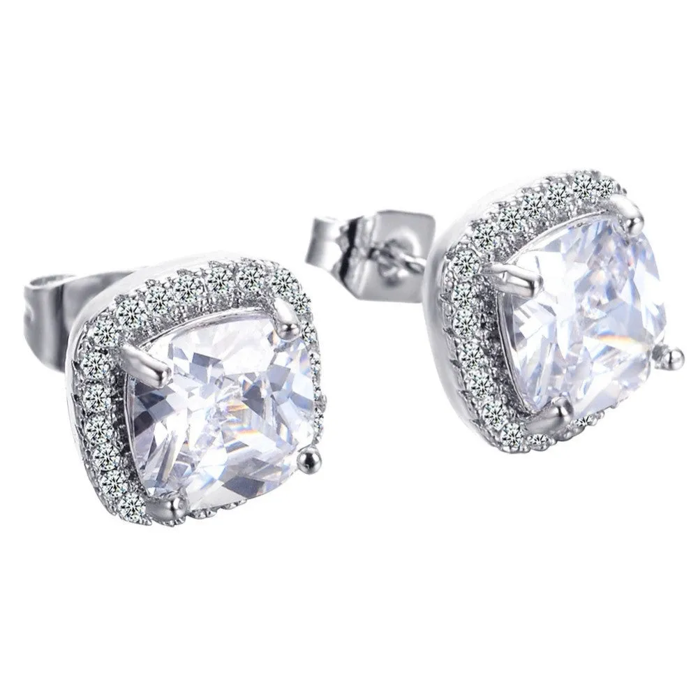 Luxury Female White Square Stud Earring Fashion 925 Sterling Silver Filled Double Earrings For Women New Year Gifts
