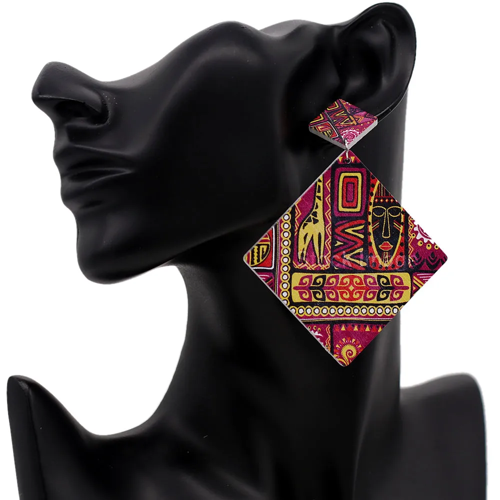 Magenta Pink Geometric Wooden Earrings