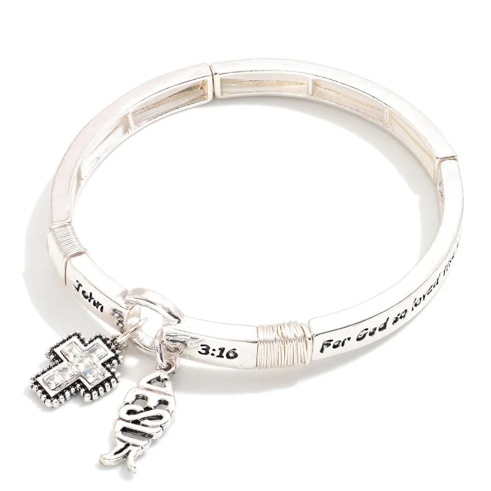 Metal Tone "John 3:16" Engraved Stretch Bangle With Rhinestone Cross & Jesus Fish Charms