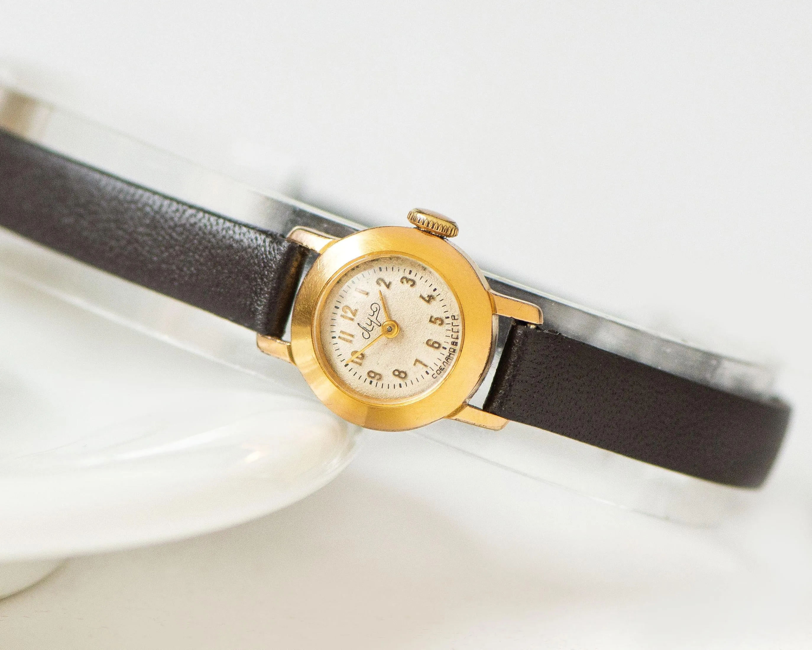 Micro size woman watch Ray, women's watch gold plated tiny ultra-rare lady's wristwatch round petite women's watch new premium leather strap
