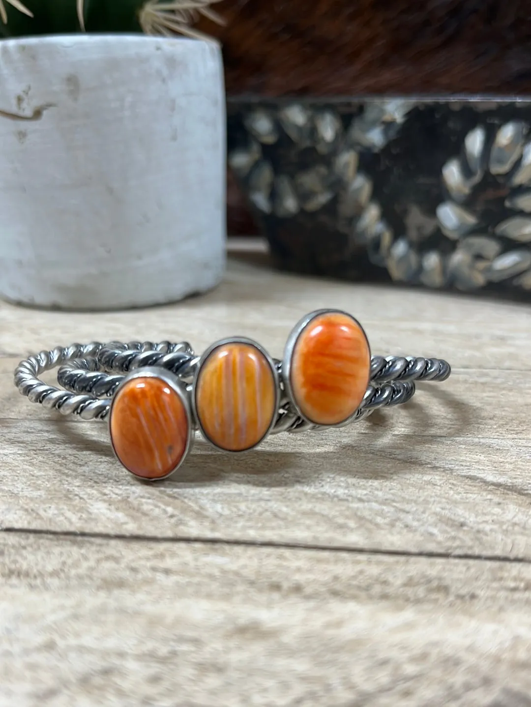 Mindy Medium Twisted Silver Stone Cuff Bracelets