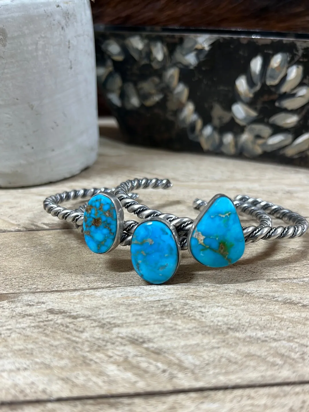 Mindy Medium Twisted Silver Stone Cuff Bracelets