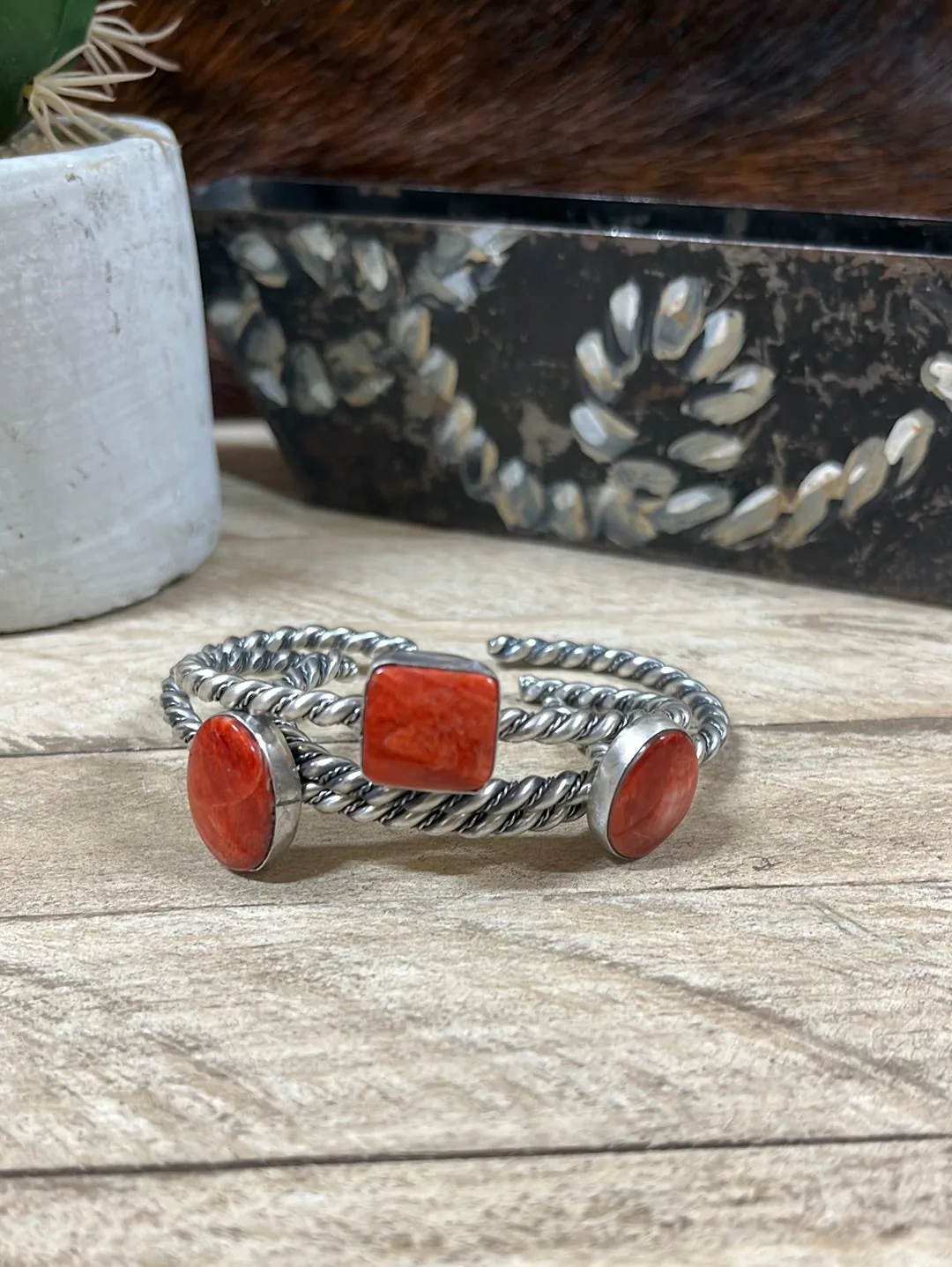 Mindy Medium Twisted Silver Stone Cuff Bracelets