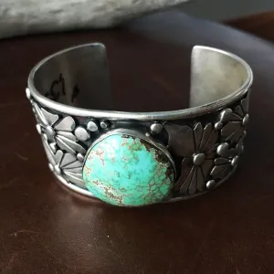 Natural Carico Lake Turquoise Sterling Silver Flower Overlay Bracelet Cuff