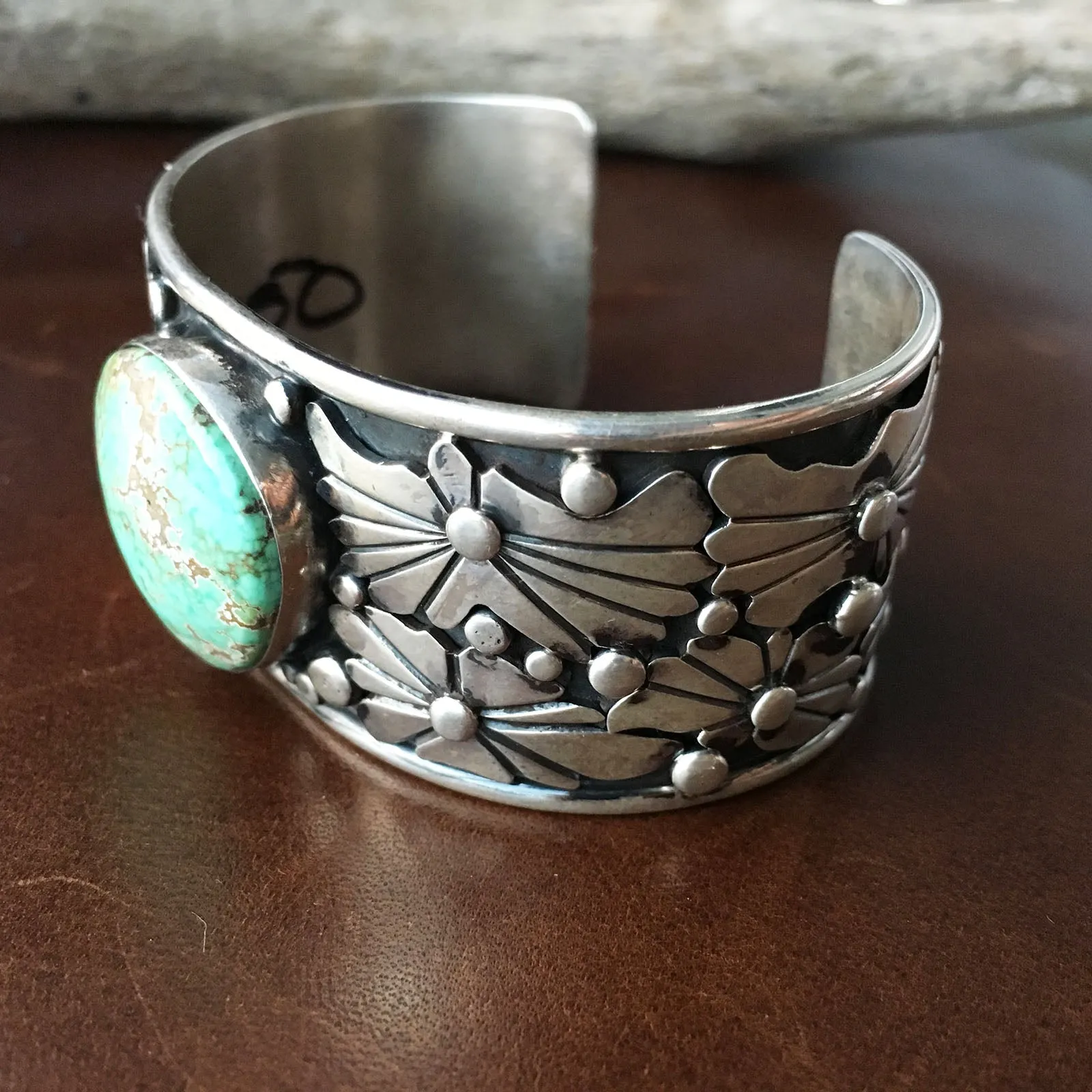 Natural Carico Lake Turquoise Sterling Silver Flower Overlay Bracelet Cuff