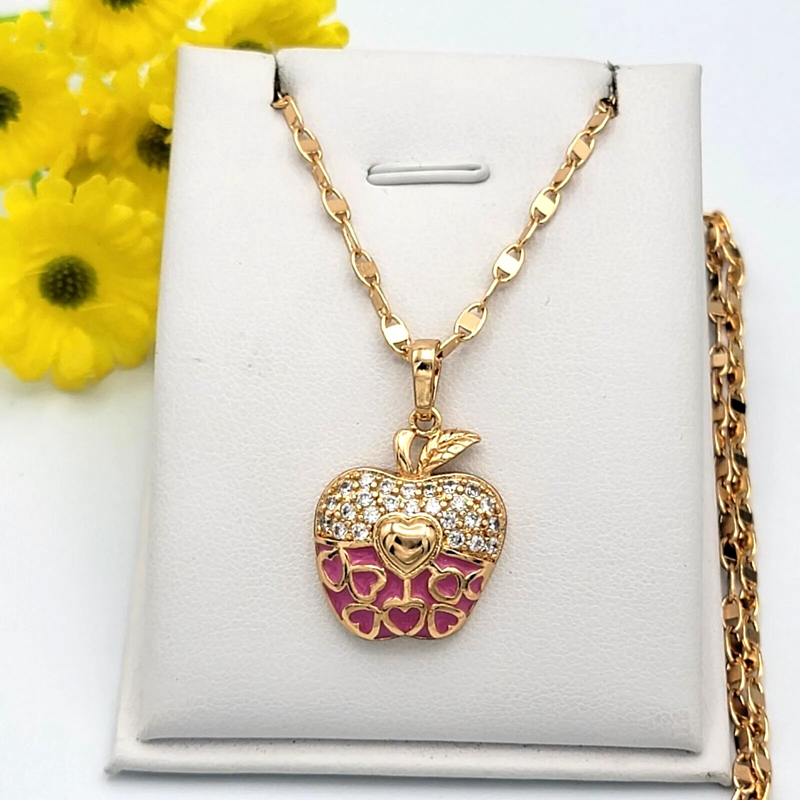Necklaces - 18K Gold Plated. Hearts Pink Apple Pendant & Chain.