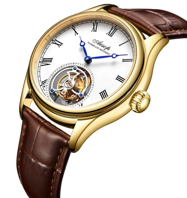 New 100% Original Luxury Tourbillon Watch Mens Mechanical Watches Top Brand Classic White Leather Watch Relogio Masculino 7021
