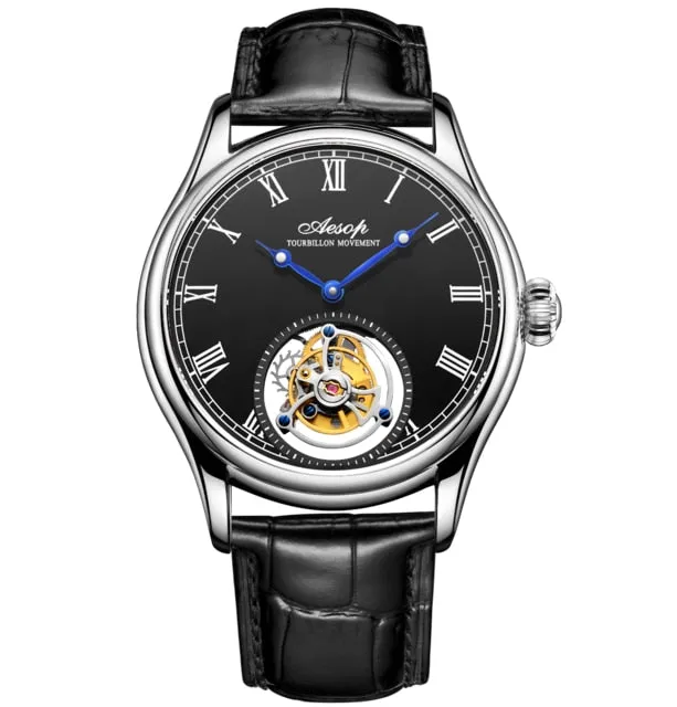 New 100% Original Luxury Tourbillon Watch Mens Mechanical Watches Top Brand Classic White Leather Watch Relogio Masculino 7021