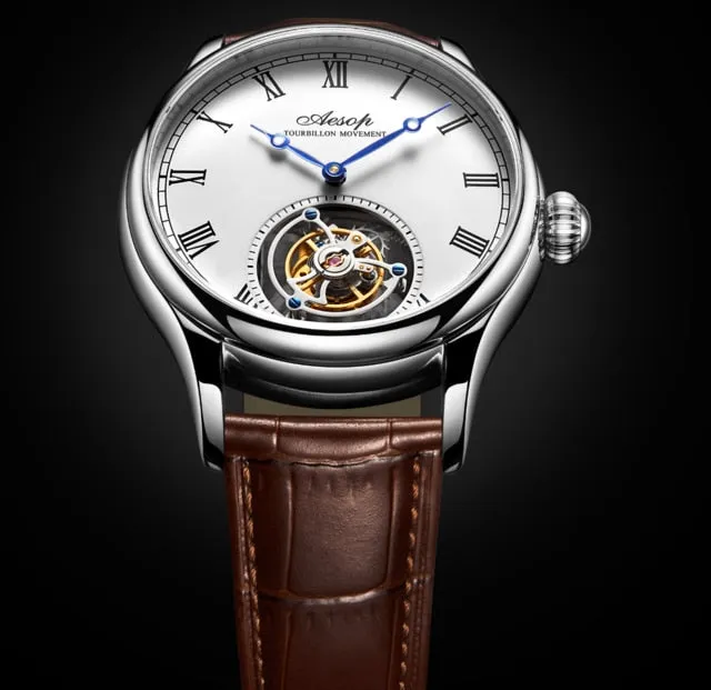 New 100% Original Luxury Tourbillon Watch Mens Mechanical Watches Top Brand Classic White Leather Watch Relogio Masculino 7021