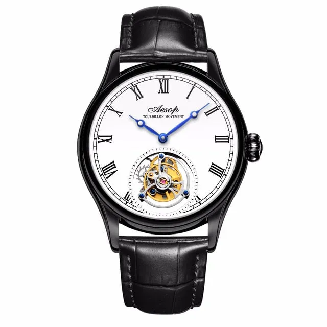 New 100% Original Luxury Tourbillon Watch Mens Mechanical Watches Top Brand Classic White Leather Watch Relogio Masculino 7021