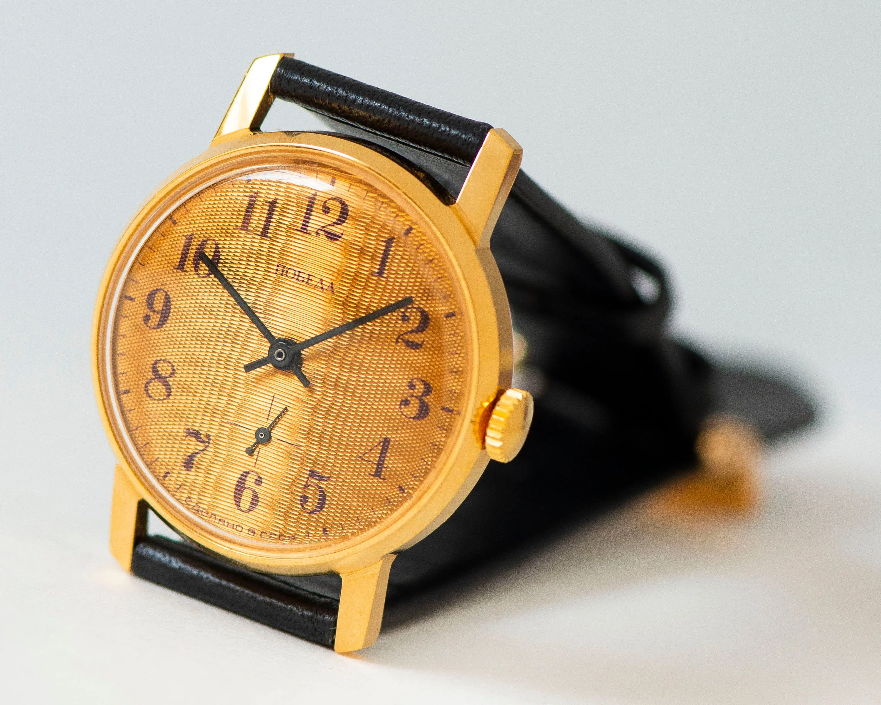 New old stock unisex watch Pobeda gold plated, yellow dial watch minimalist, vintage watch Arabic numerals gift, new premium leather strap