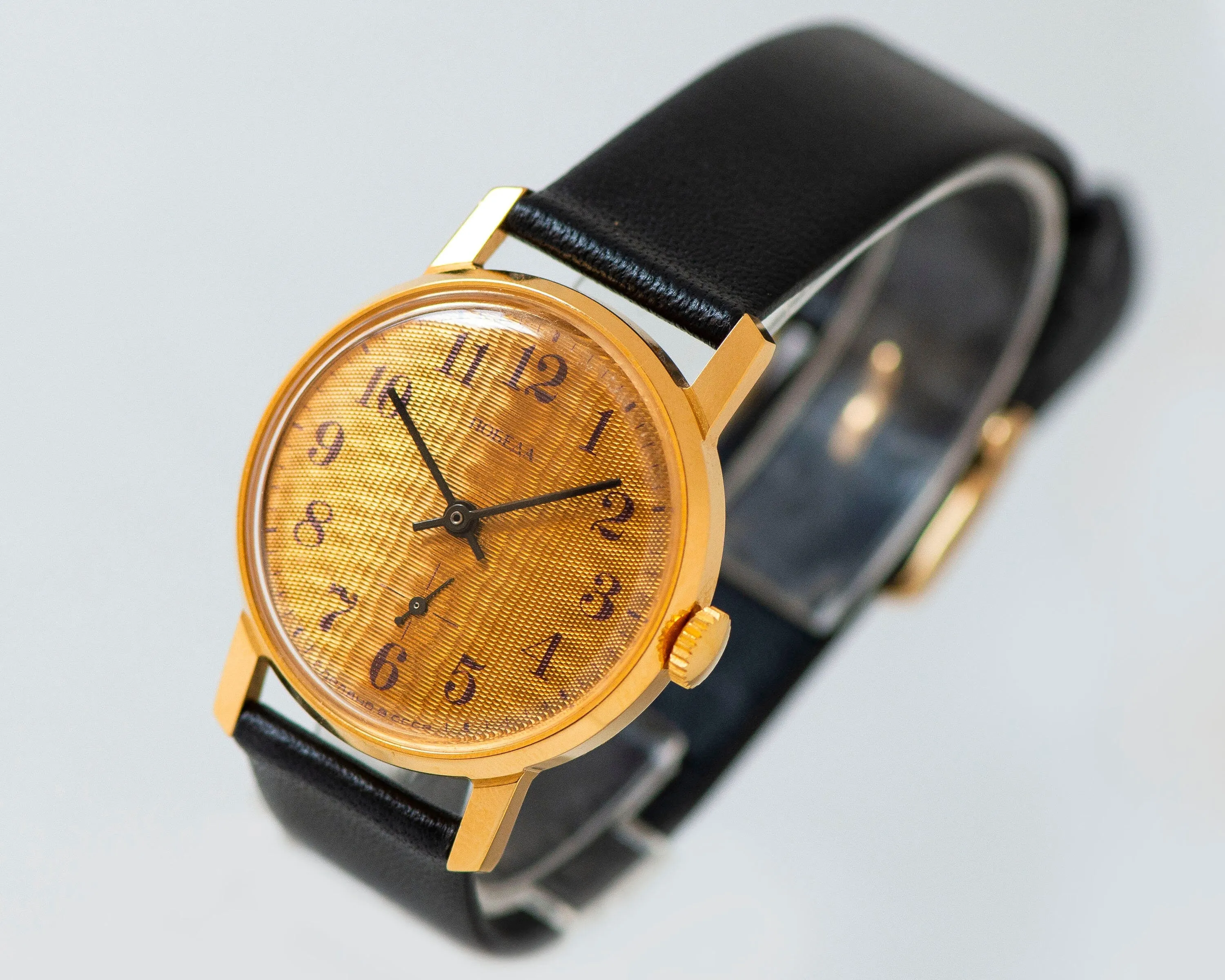 New old stock unisex watch Pobeda gold plated, yellow dial watch minimalist, vintage watch Arabic numerals gift, new premium leather strap