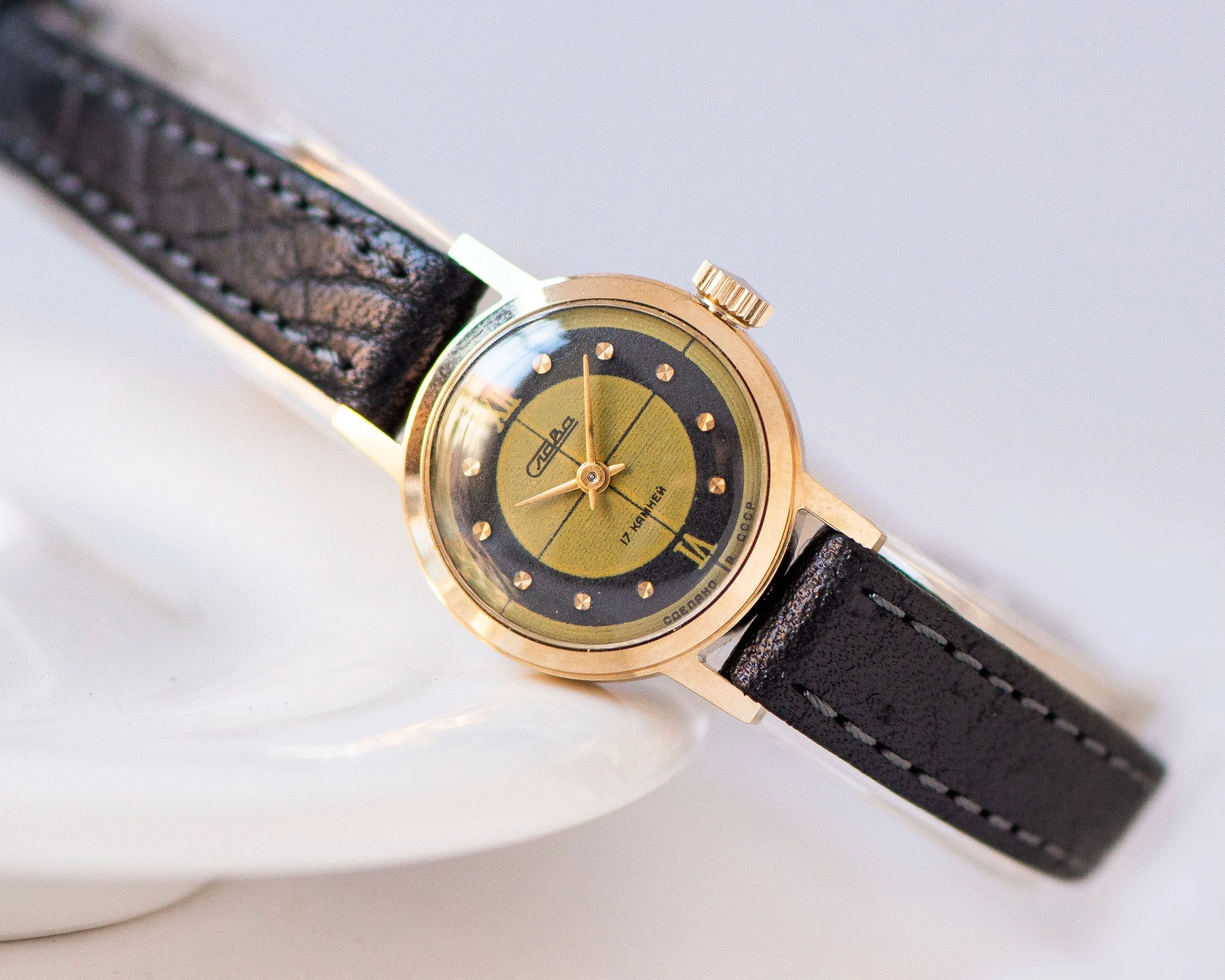 New old stock women watch Glory, vintage gold plated watch for lady black dial, Roman numerals watch chic gift jewelry, new premium leather