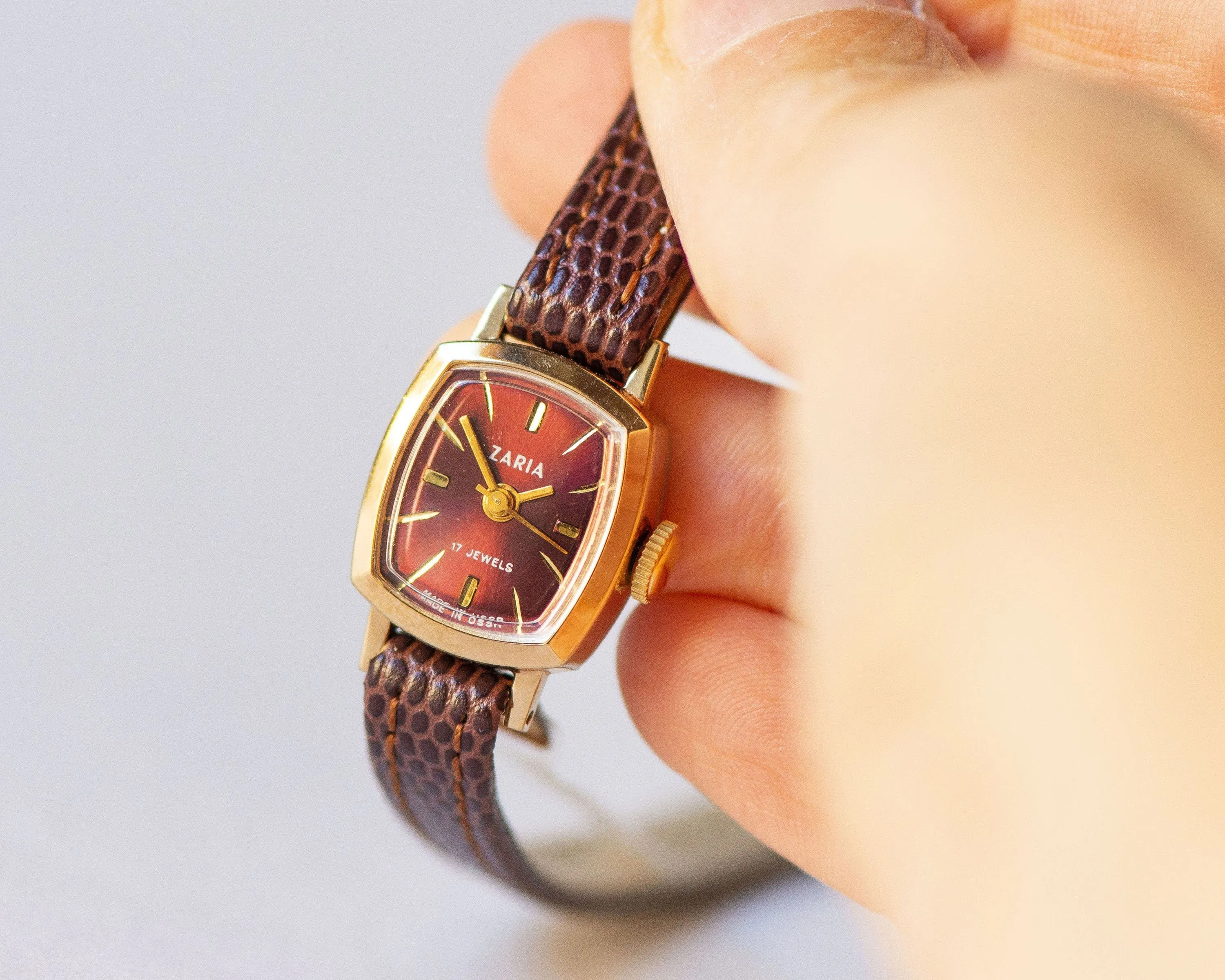 New old stock wristwatch for women Dawn unused burgundy dial, gold plated micro watch for women rectangular vintage new premium leather band