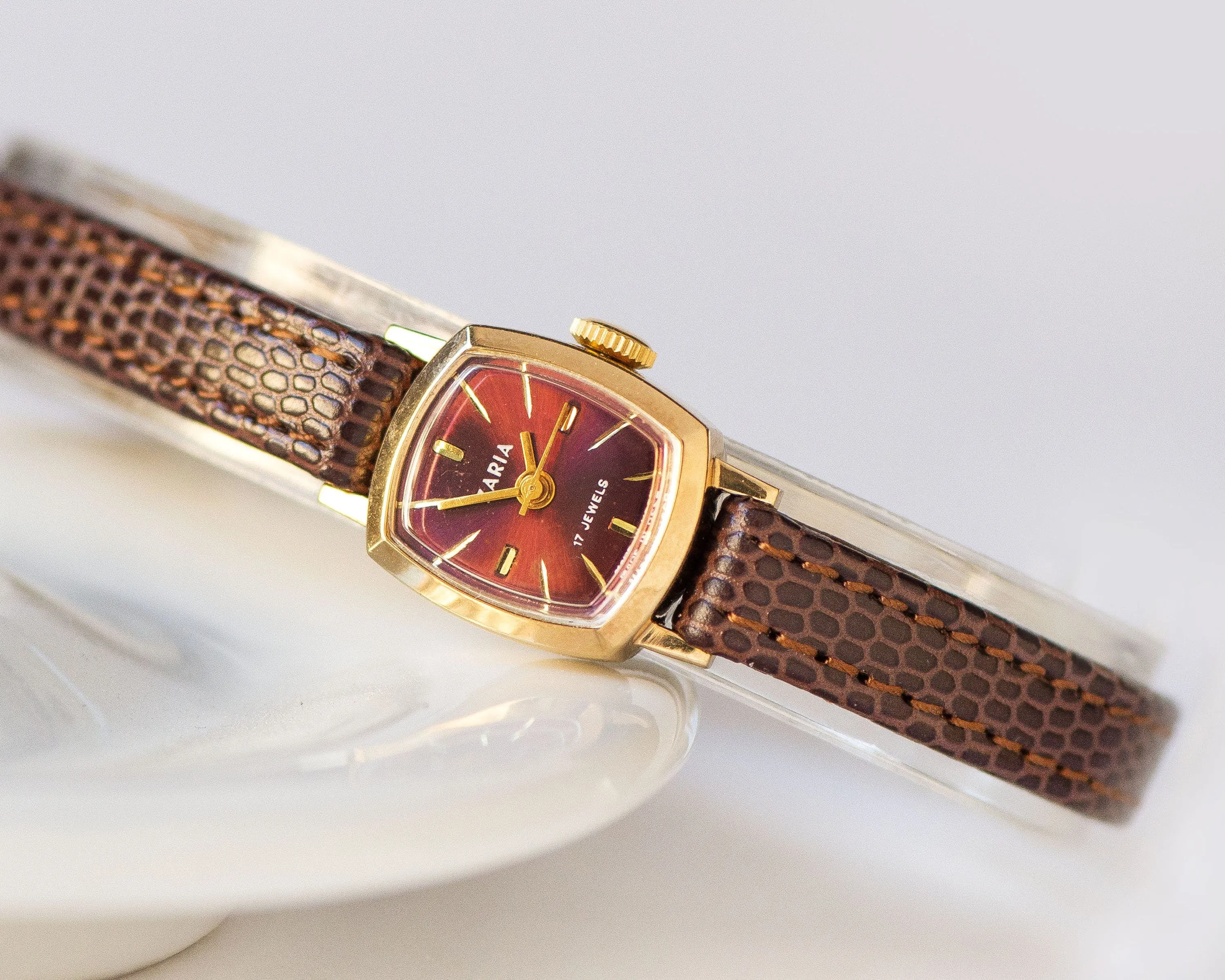 New old stock wristwatch for women Dawn unused burgundy dial, gold plated micro watch for women rectangular vintage new premium leather band