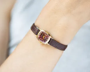 New old stock wristwatch for women Dawn unused burgundy dial, gold plated micro watch for women rectangular vintage new premium leather band