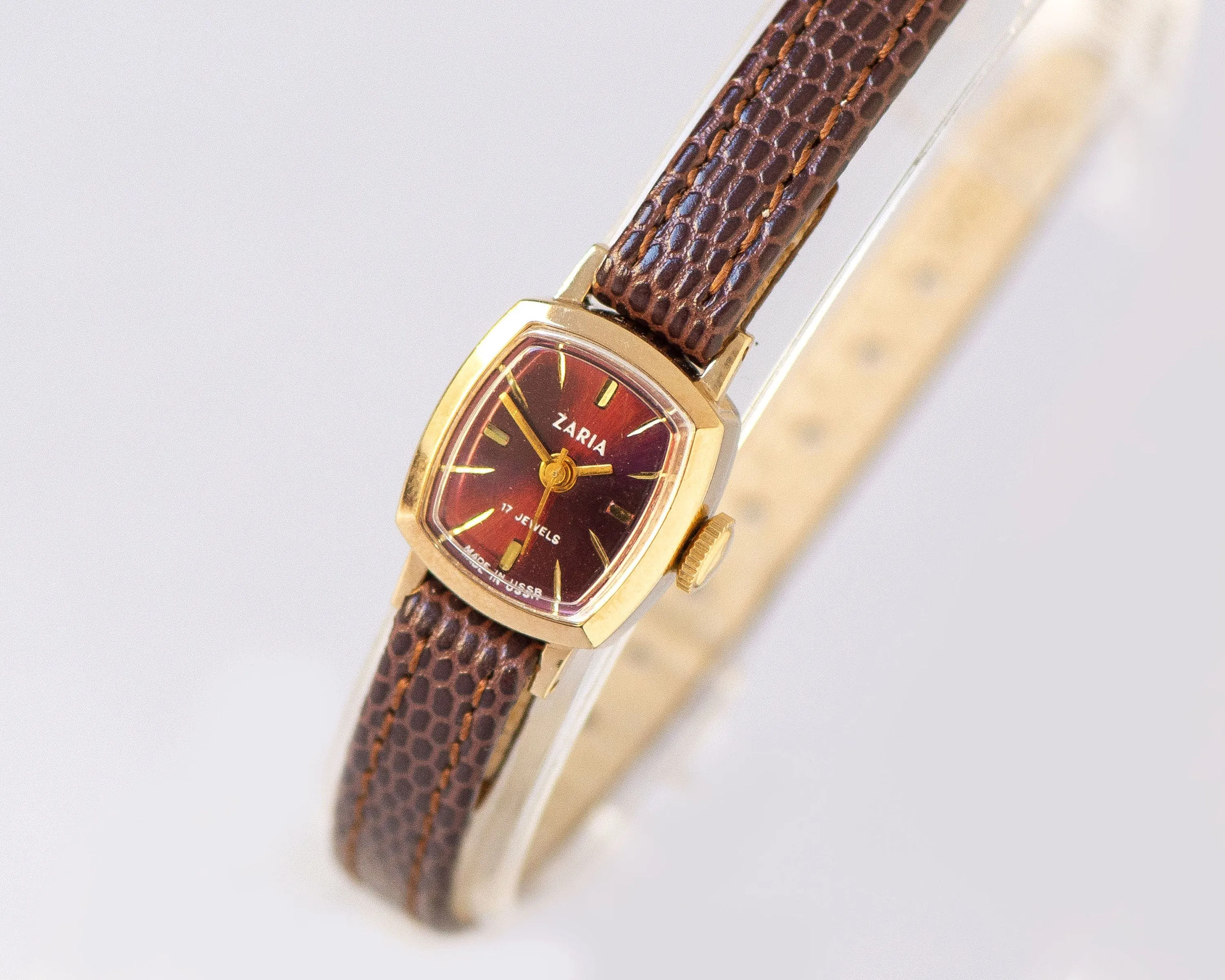 New old stock wristwatch for women Dawn unused burgundy dial, gold plated micro watch for women rectangular vintage new premium leather band