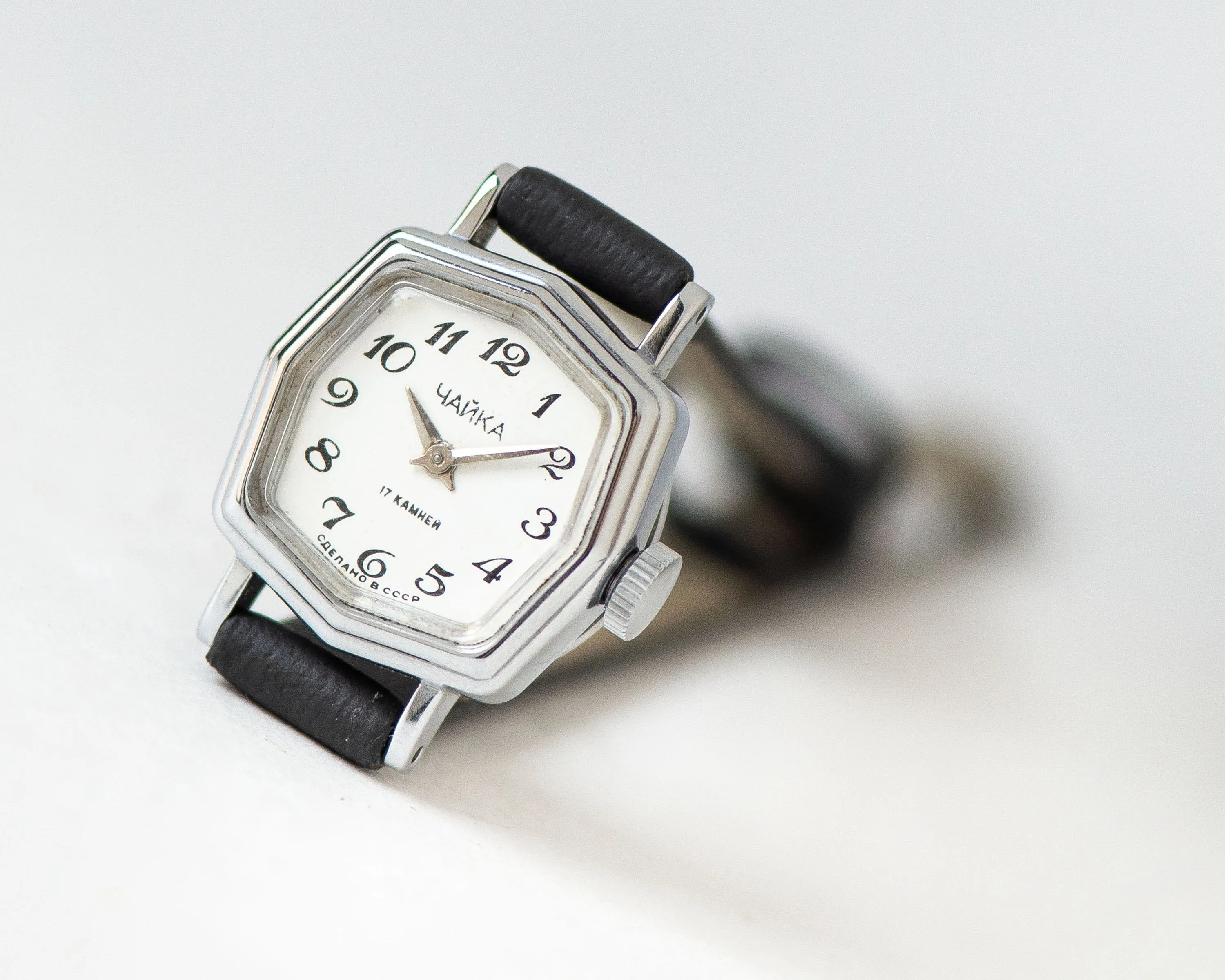 Octagon case women's watch unused vintage, small ladies wristwatch Seagull, woman watch small silver shade gift, new genuine leather strap