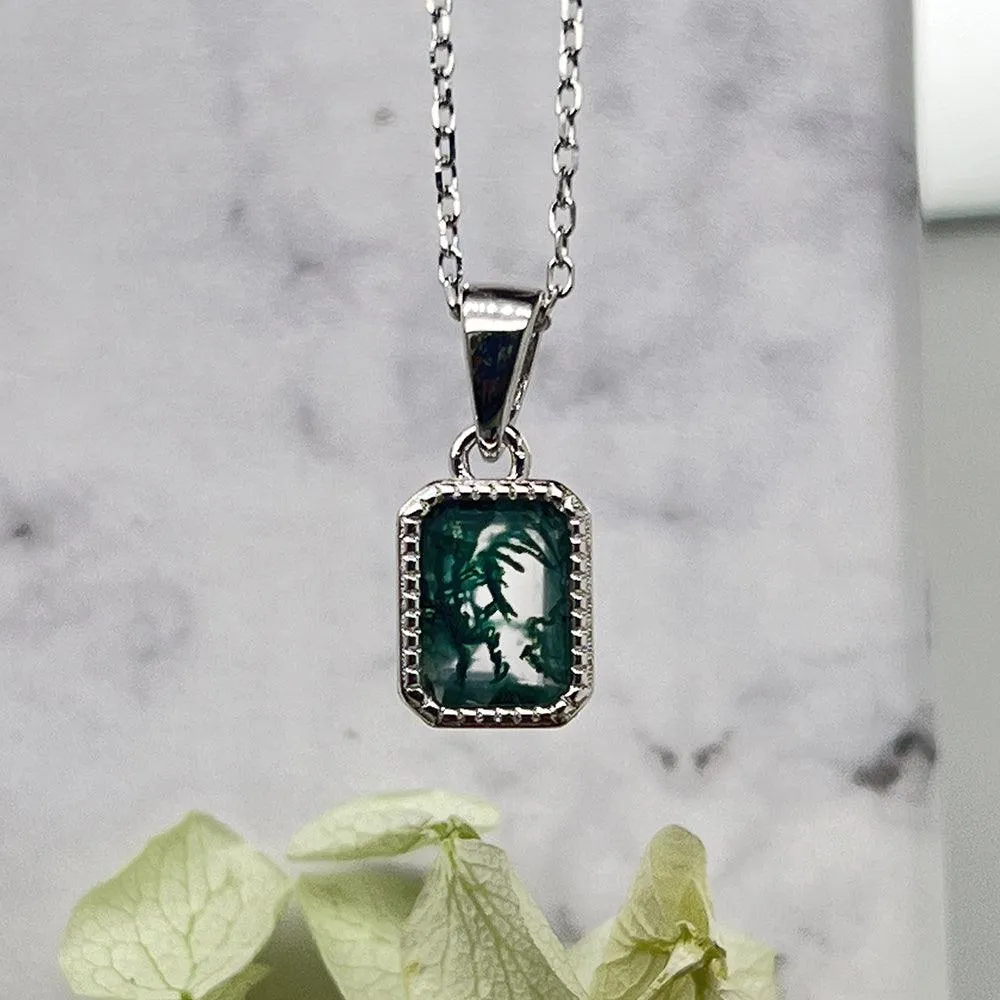 Octagon Moss Green Agate Pendant Necklace