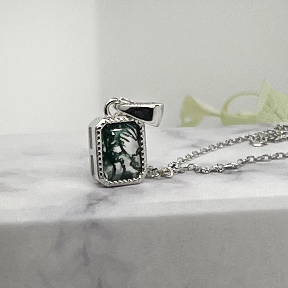 Octagon Moss Green Agate Pendant Necklace