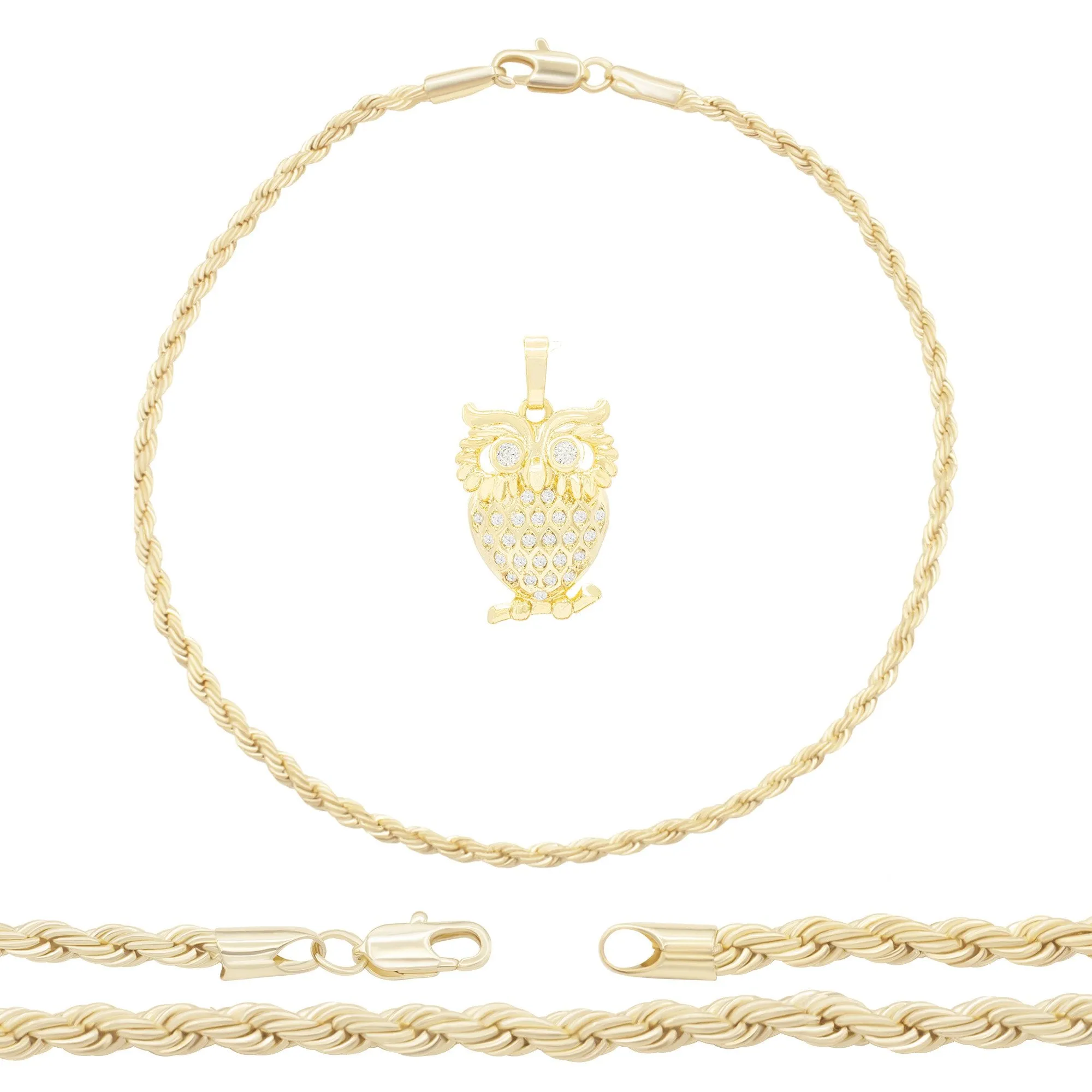Owl Pendant 14K Anklet Gold Filled Cubic Zirconia Charm Rope Chain Set 10" WomenJewelry
