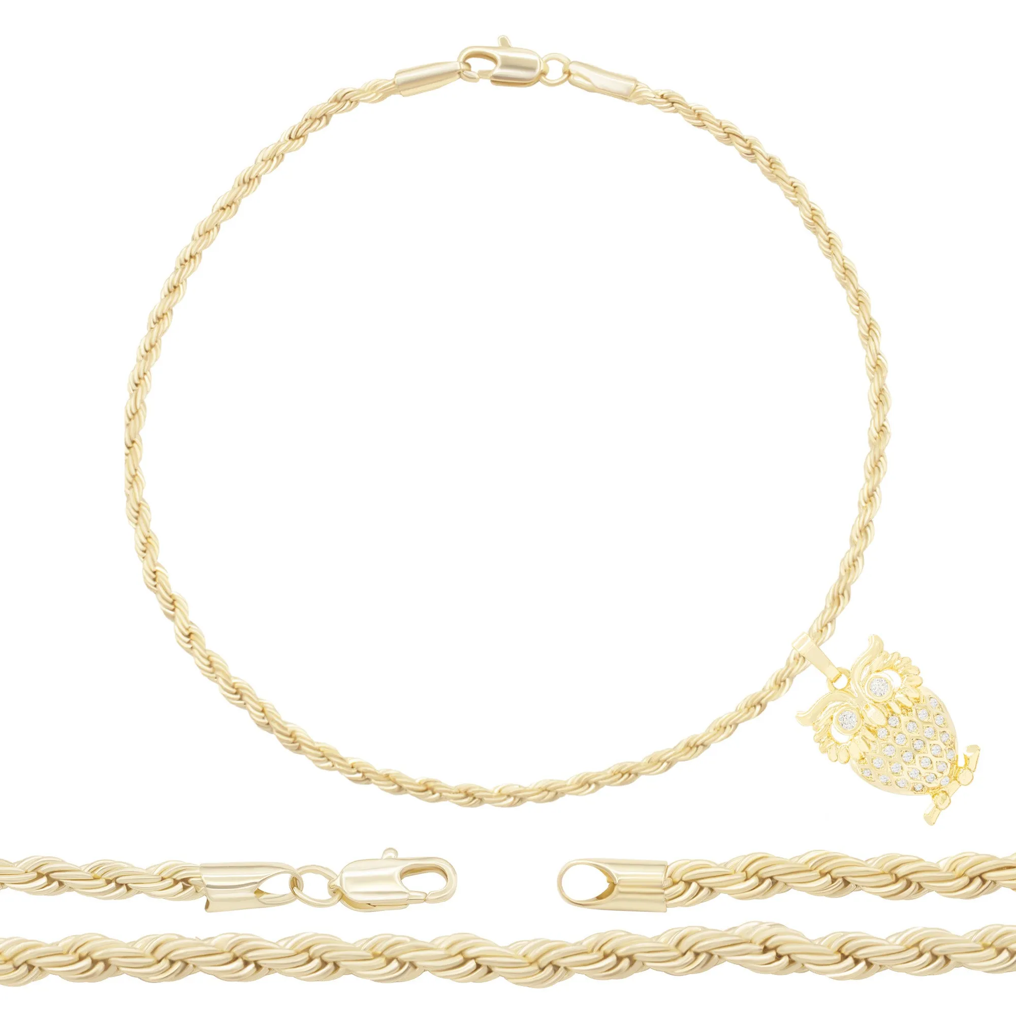 Owl Pendant 14K Anklet Gold Filled Cubic Zirconia Charm Rope Chain Set 10" WomenJewelry