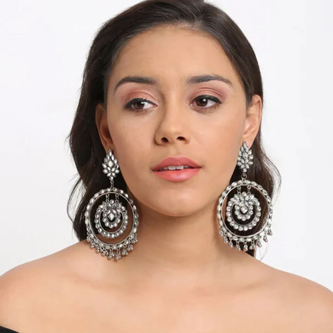 Oxidised Kundan Beads Dangler Hoop Earrings