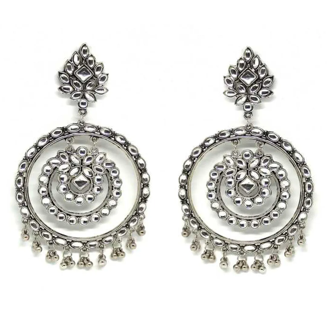 Oxidised Kundan Beads Dangler Hoop Earrings