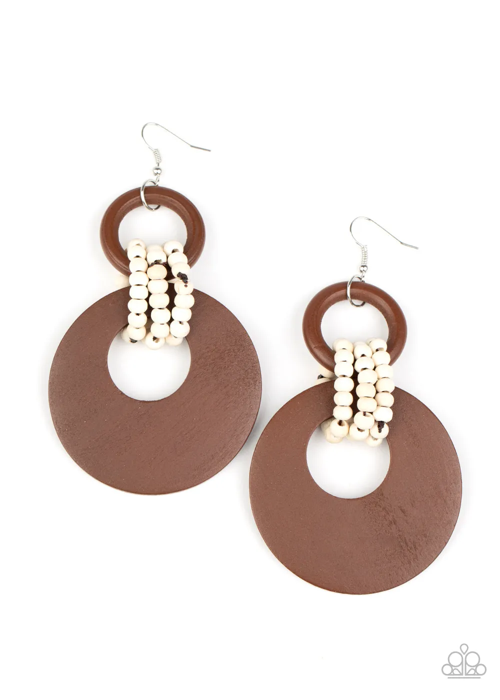 Paparazzi Beach Day Drama - Black/Brown and White Wooden Earrings