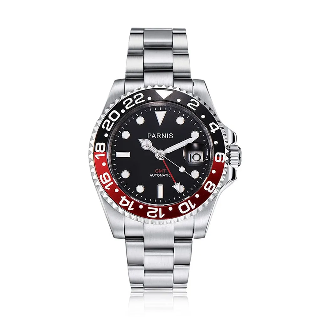 Parnis 40mm Watch Men Automatic Mechanical Watches GMT Luxury Sapphire Crystal Ceramic Bezel Luminous Waterproof Male Wristwatch