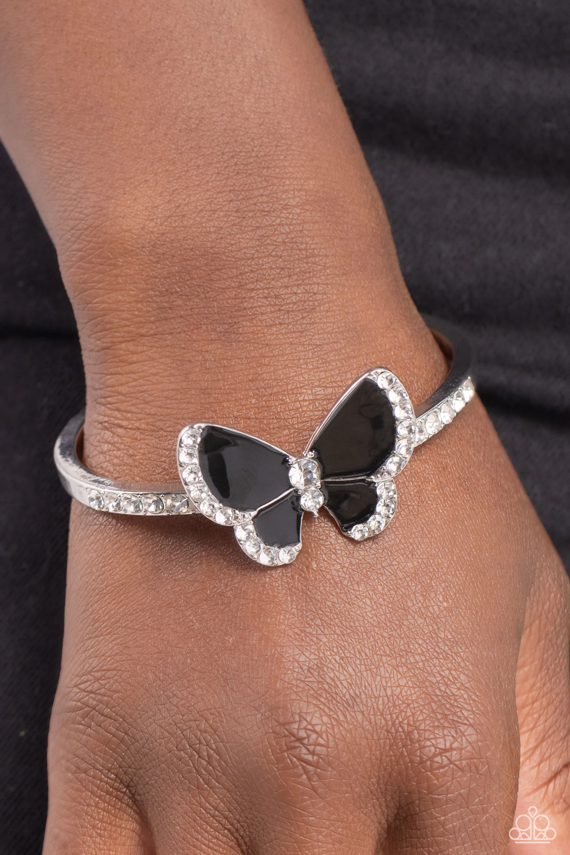 Particularly Painted - Black - Butterfly White Rhinestone Paparazzi Cuff Bracelet