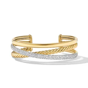 Pavé Crossover Three Row Cuff Bracelet in 18K Yellow Gold with Diamonds, Size Medium