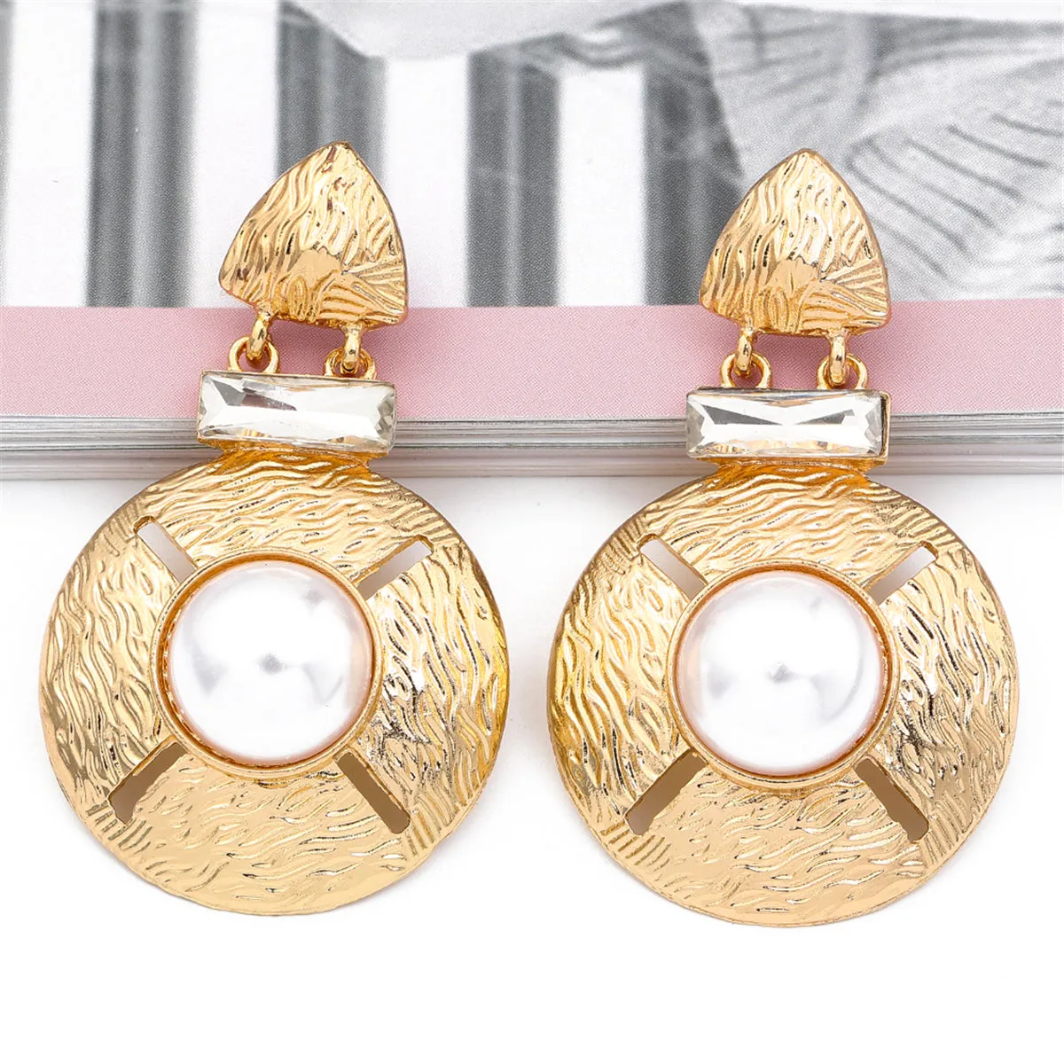 Pearl & Clear Crystal 18k Gold-Plated Round Geometric Drop Earrings