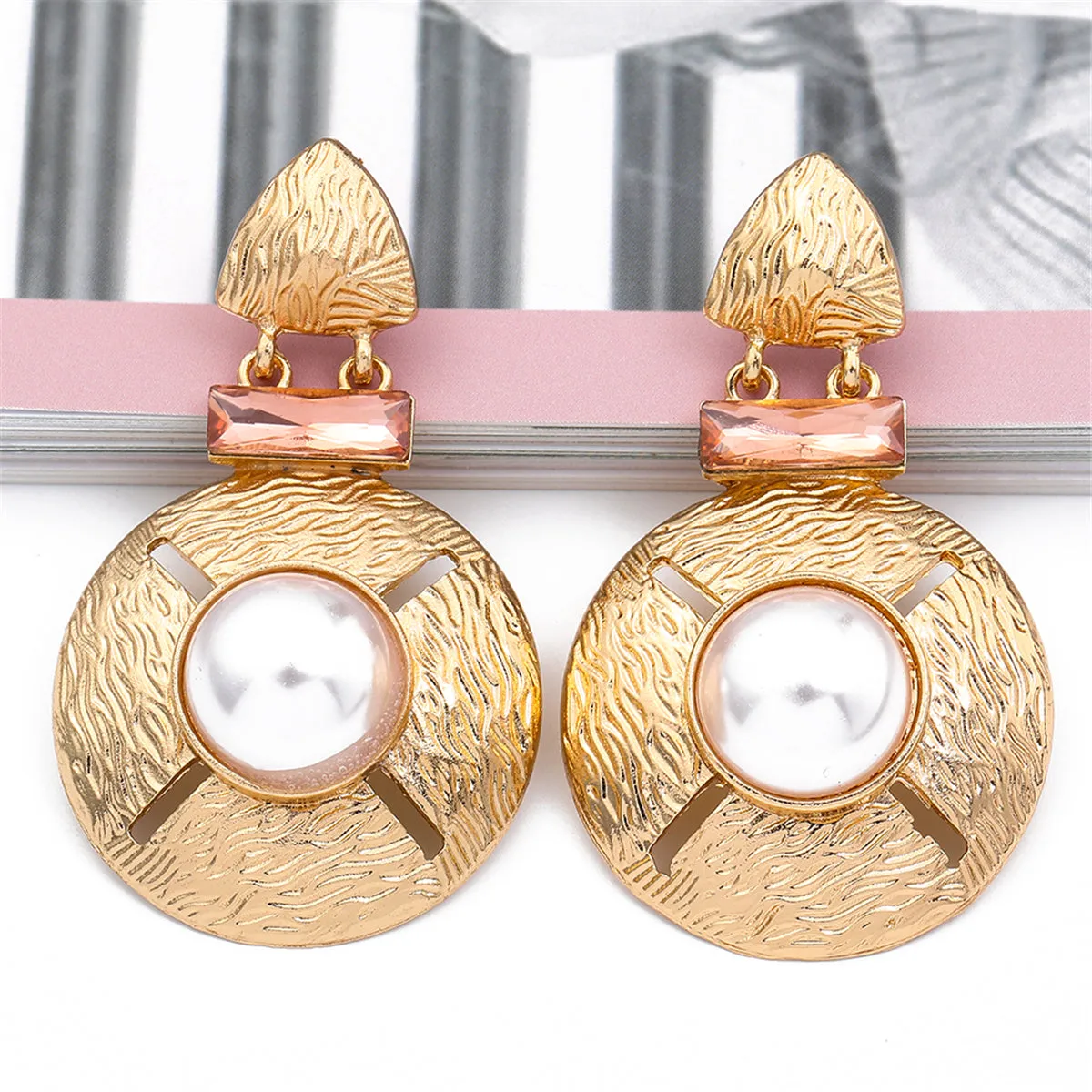 Pearl & Pink Crystal Round Geometric Drop Earrings