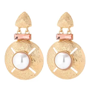 Pearl & Pink Crystal Round Geometric Drop Earrings