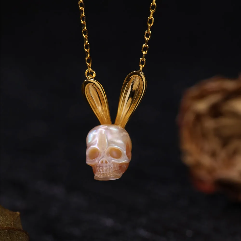 Pearl Skull Gold Bunny Ears Necklace