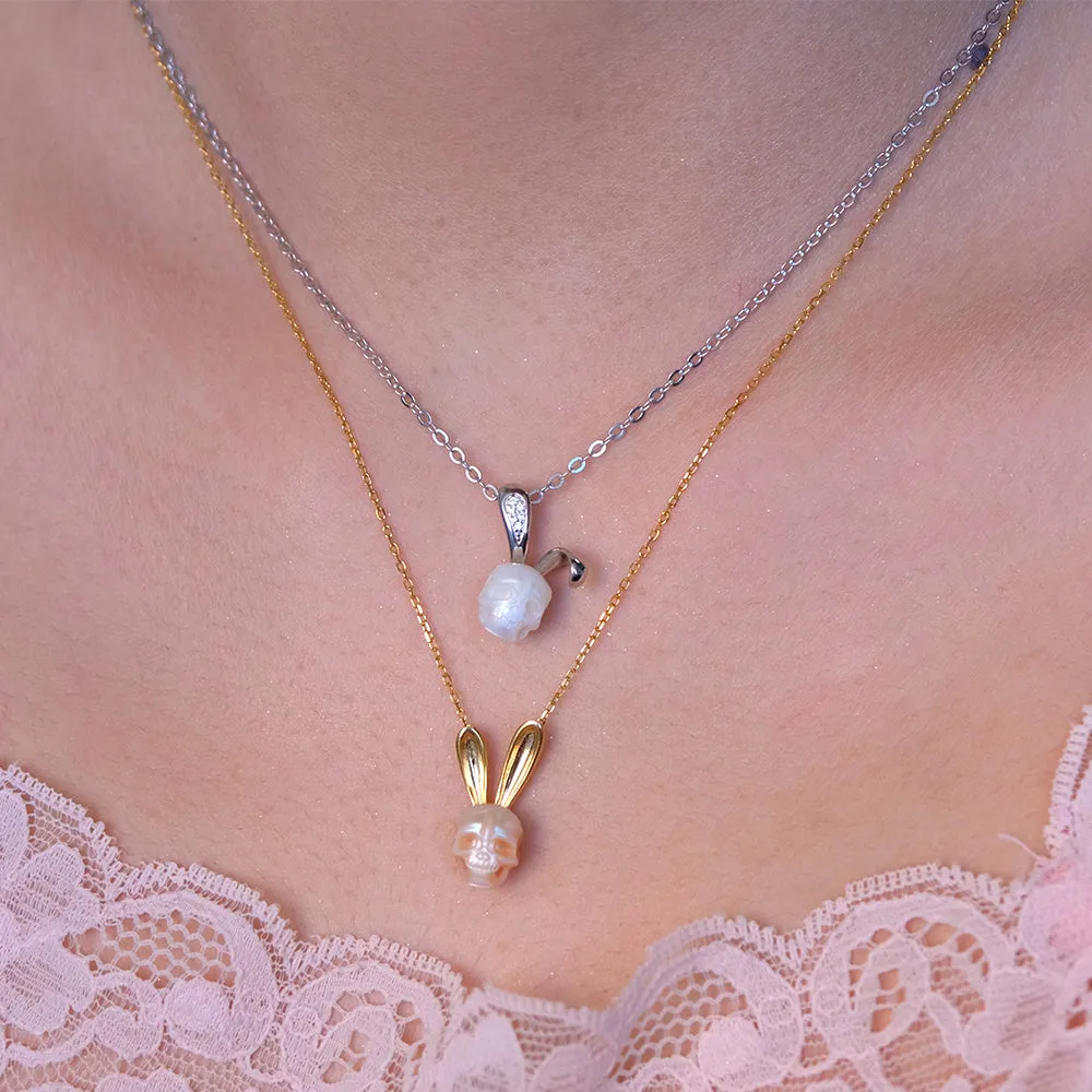 Pearl Skull Gold Bunny Ears Necklace