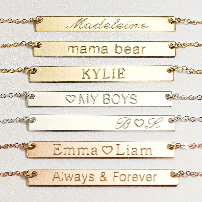 Personalized Stainless Steel Bar Necklace Custom Engraved Name Date Pendant