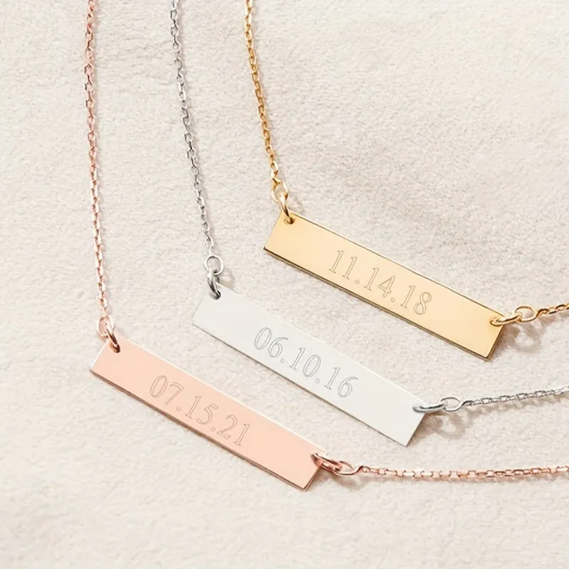 Personalized Stainless Steel Bar Necklace Custom Engraved Name Date Pendant