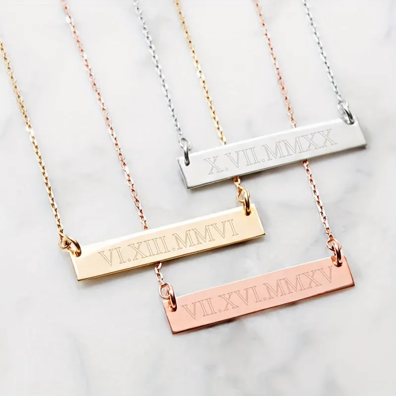 Personalized Stainless Steel Bar Necklace Custom Engraved Name Date Pendant