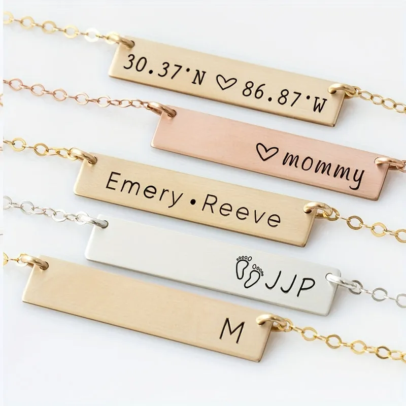 Personalized Stainless Steel Bar Necklace Custom Engraved Name Date Pendant