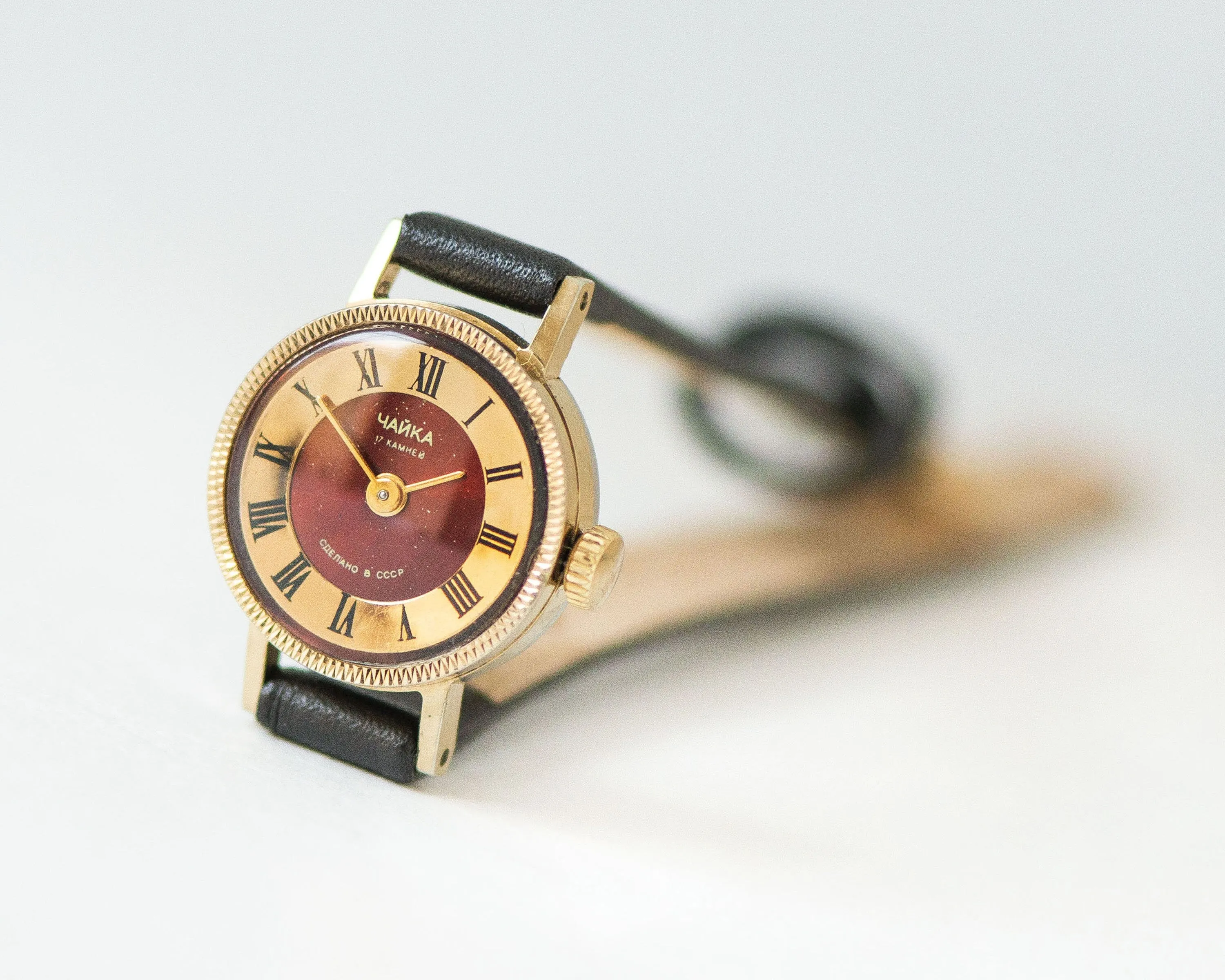 Petite lady watch Seagull women watch gold plated, burgundy dial watch for girl, Roman numerals jewelry women gift, new genuine leather band