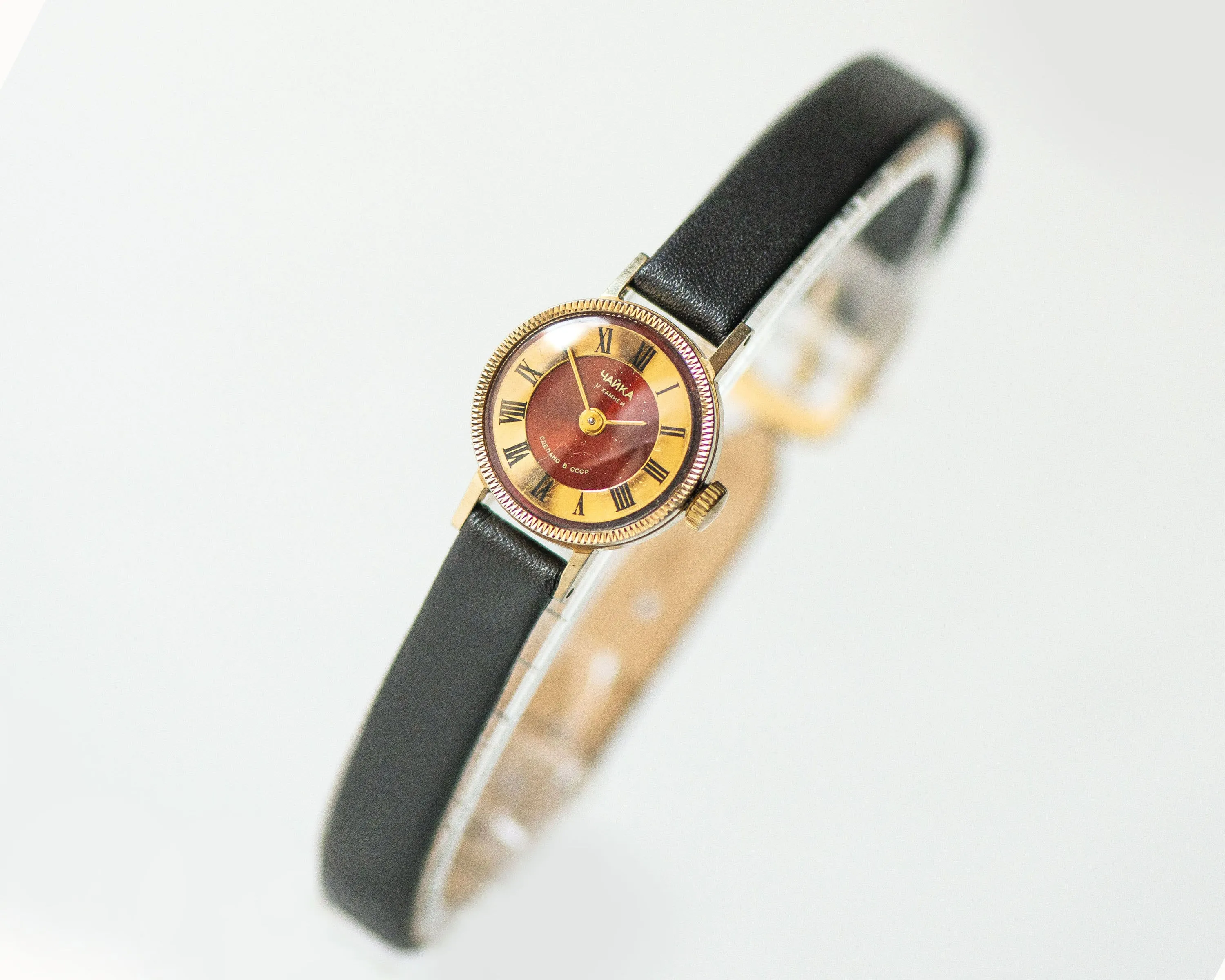 Petite lady watch Seagull women watch gold plated, burgundy dial watch for girl, Roman numerals jewelry women gift, new genuine leather band