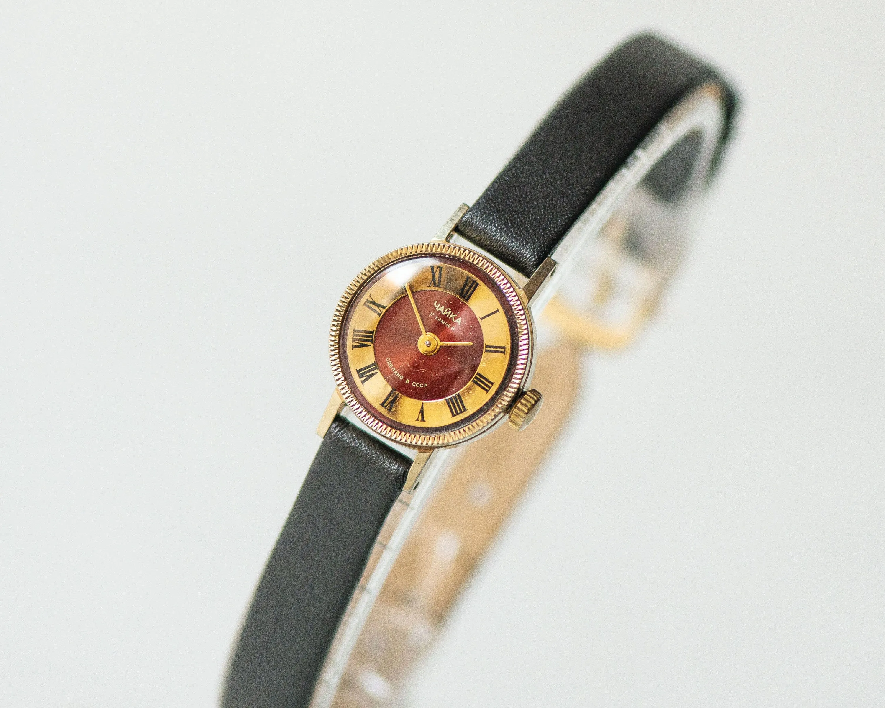 Petite lady watch Seagull women watch gold plated, burgundy dial watch for girl, Roman numerals jewelry women gift, new genuine leather band