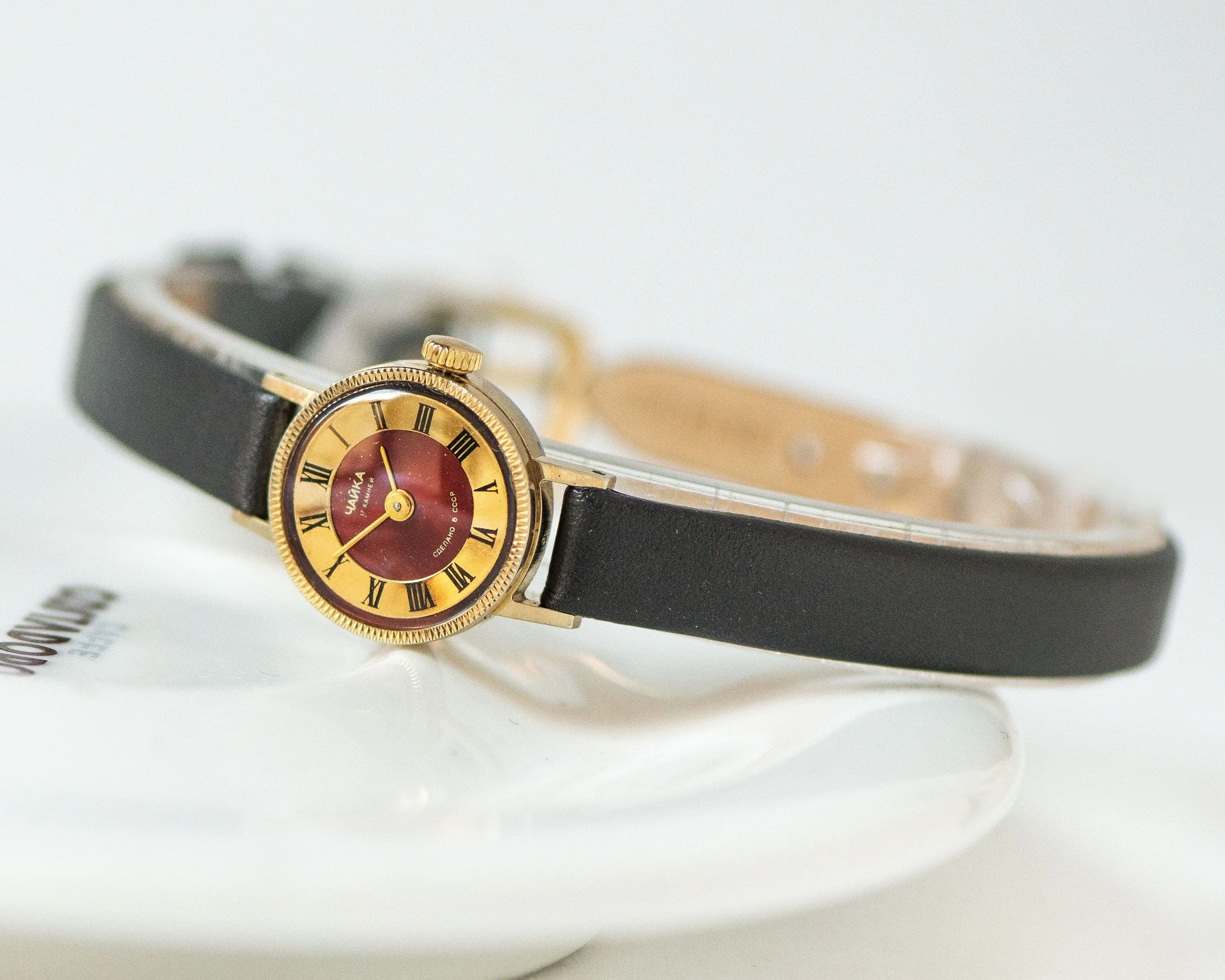 Petite lady watch Seagull women watch gold plated, burgundy dial watch for girl, Roman numerals jewelry women gift, new genuine leather band