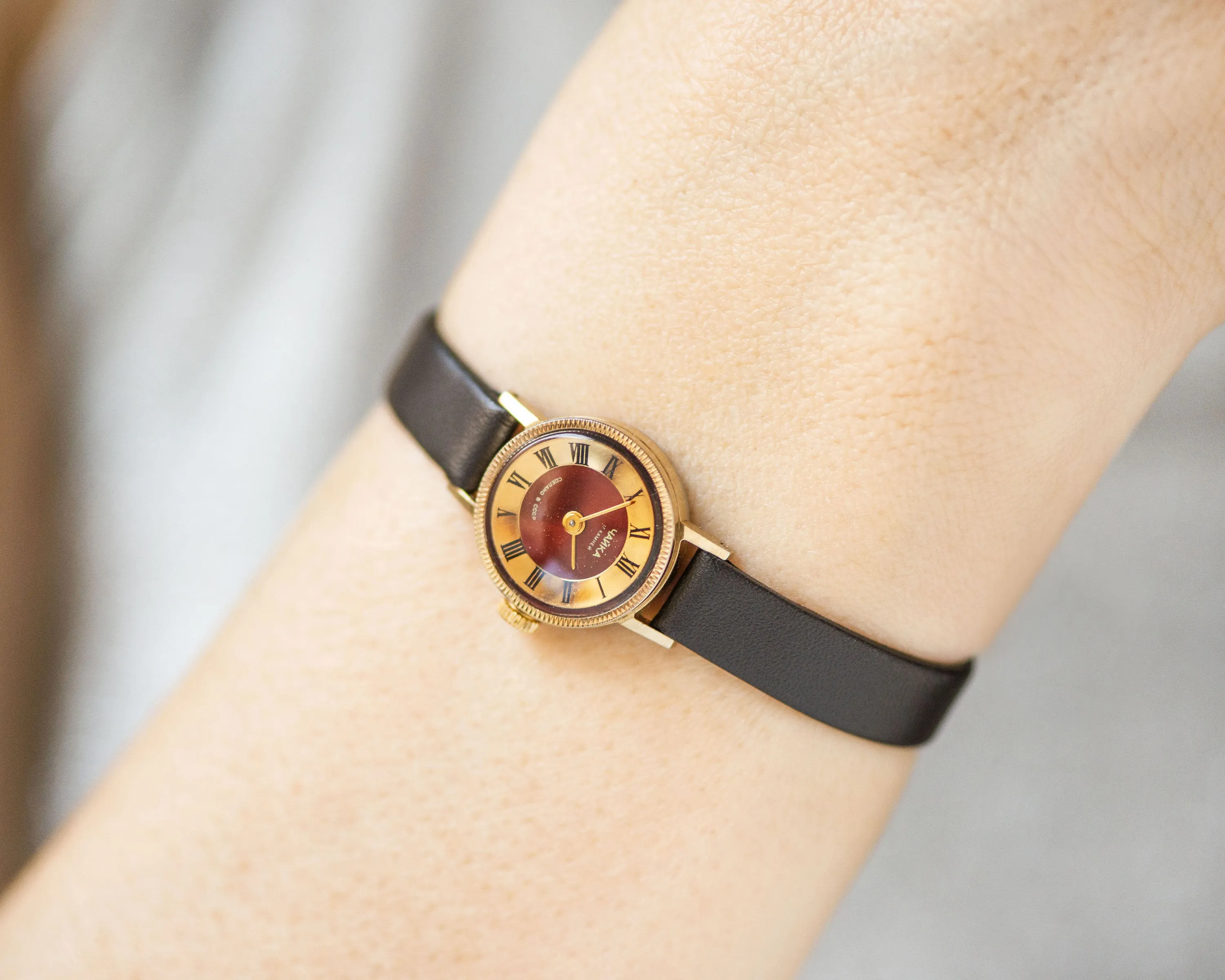 Petite lady watch Seagull women watch gold plated, burgundy dial watch for girl, Roman numerals jewelry women gift, new genuine leather band