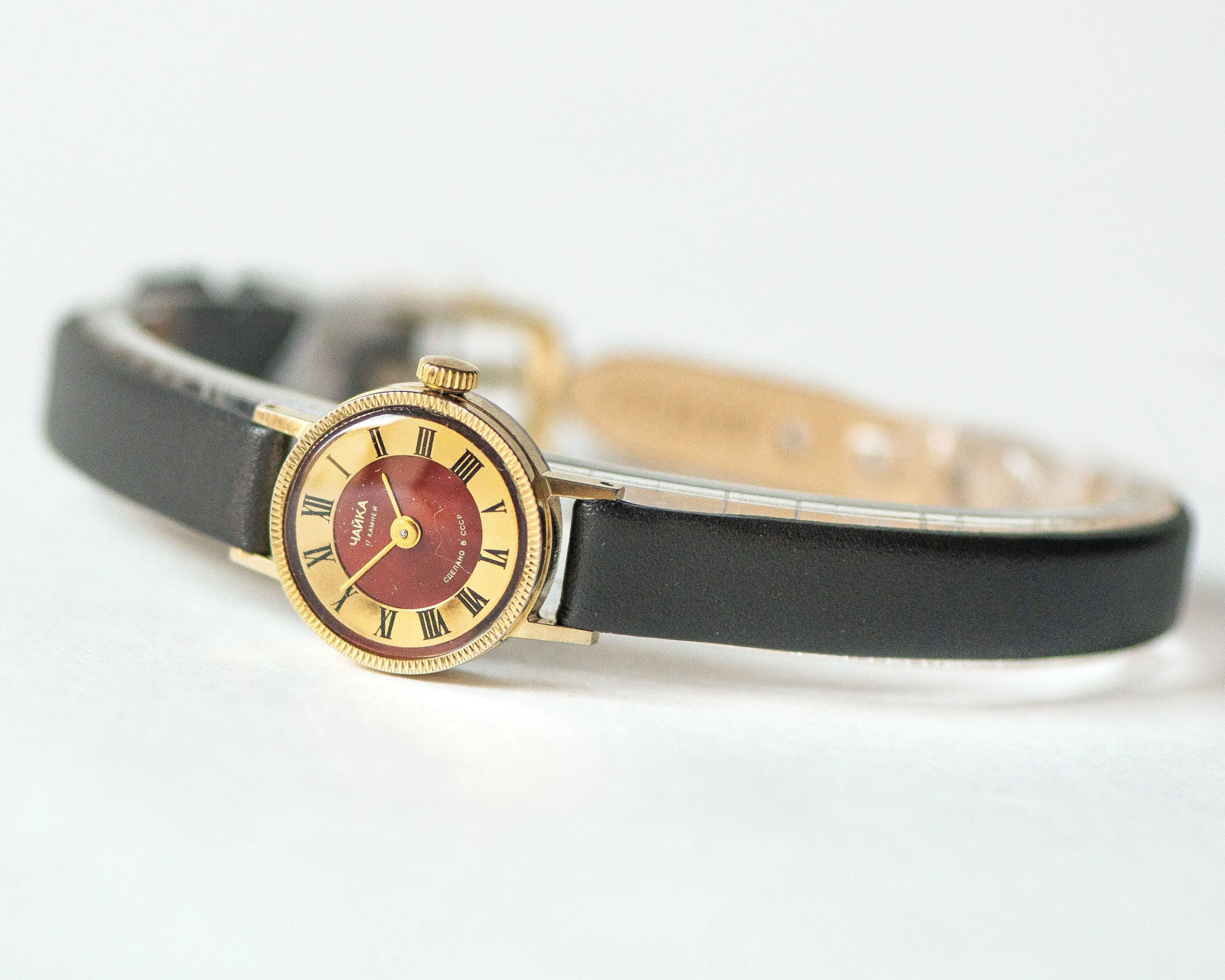 Petite lady watch Seagull women watch gold plated, burgundy dial watch for girl, Roman numerals jewelry women gift, new genuine leather band